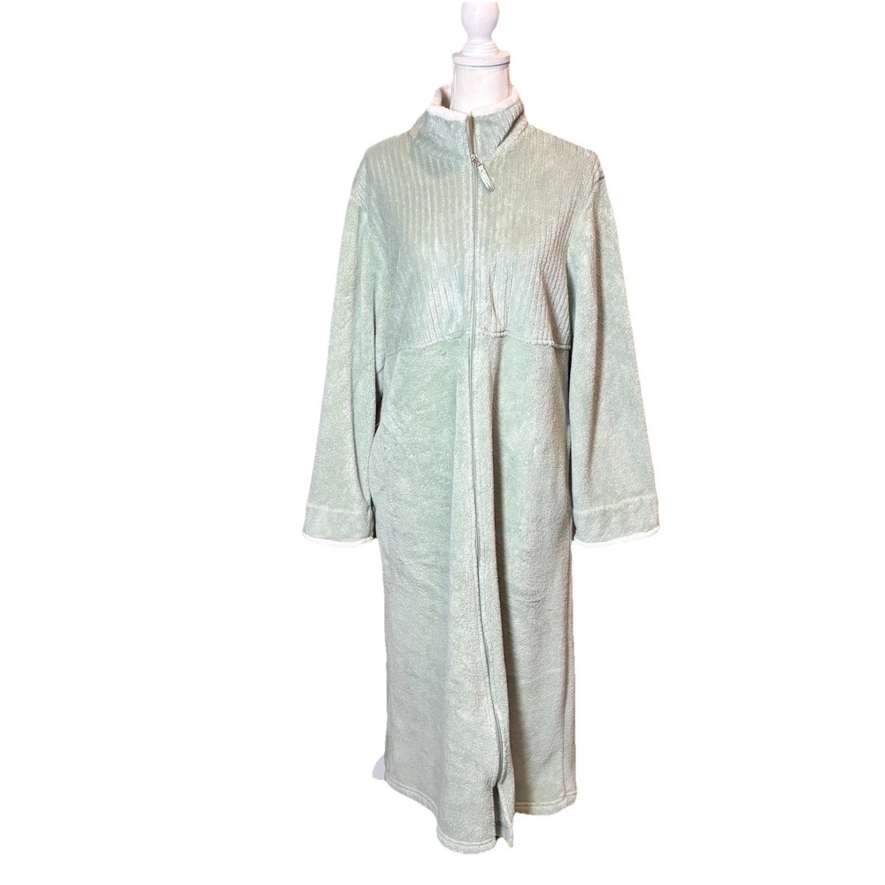 Stan Herman Full Zip Plush Fleece Robe Mint Green Long Sleeve Size L